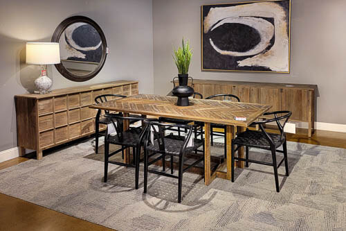 Dovetail Market Samples dining set wooden table with black wooden chairs with two consoles against the wall
